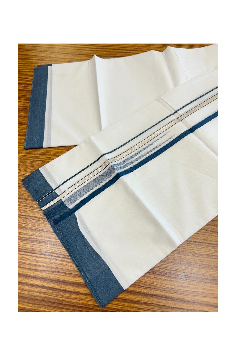 20% Discount ! Kaitharikada Balaramapuram 100% Cotton PURE WHITE Double Mundu/Dothi - 100x80 - 1.5 inch Silver Kasavu & Peacock Blue Striped chutty kara - 39KK5183VIN