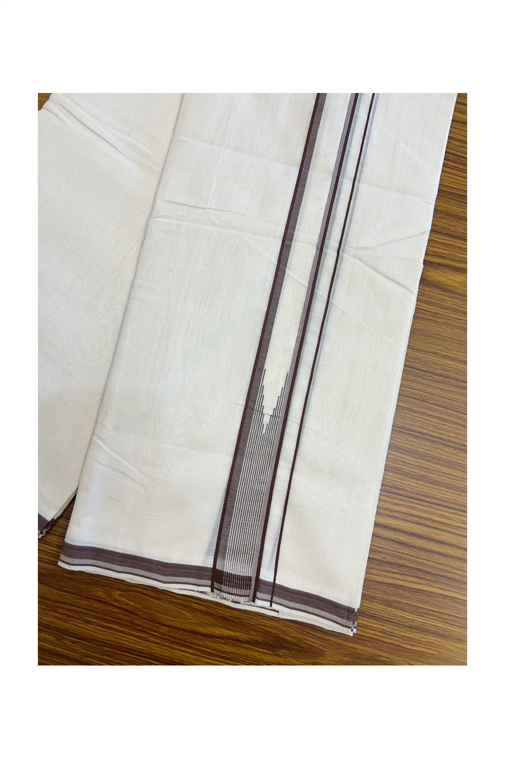 25% DISCOUNT!! KaithariKada HANDLOOM UNAKKUPAAV Balaramapuram - 100% PURE Cotton OFF White - (Unbleached) Double Mundu/Dothi - 80X100 - 1.5 inch Puliyilakkara Brown Striped Chutty Kara 3.80 meter (8.5 Muzham) - 39KK5209 REA