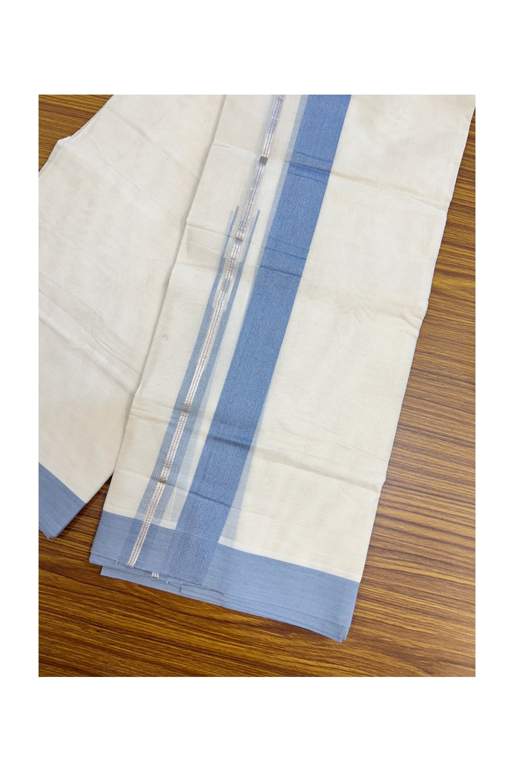20% Discount ! KaithariKada Balaramapuram 100% Cotton Double OFF WHITE - (Unbleached) - Mundu / Dhoti- 100x80 - Puliyilakkara 1.5 inch Silver kasavu Pale blue striped chutty - 39KK5213 VIN