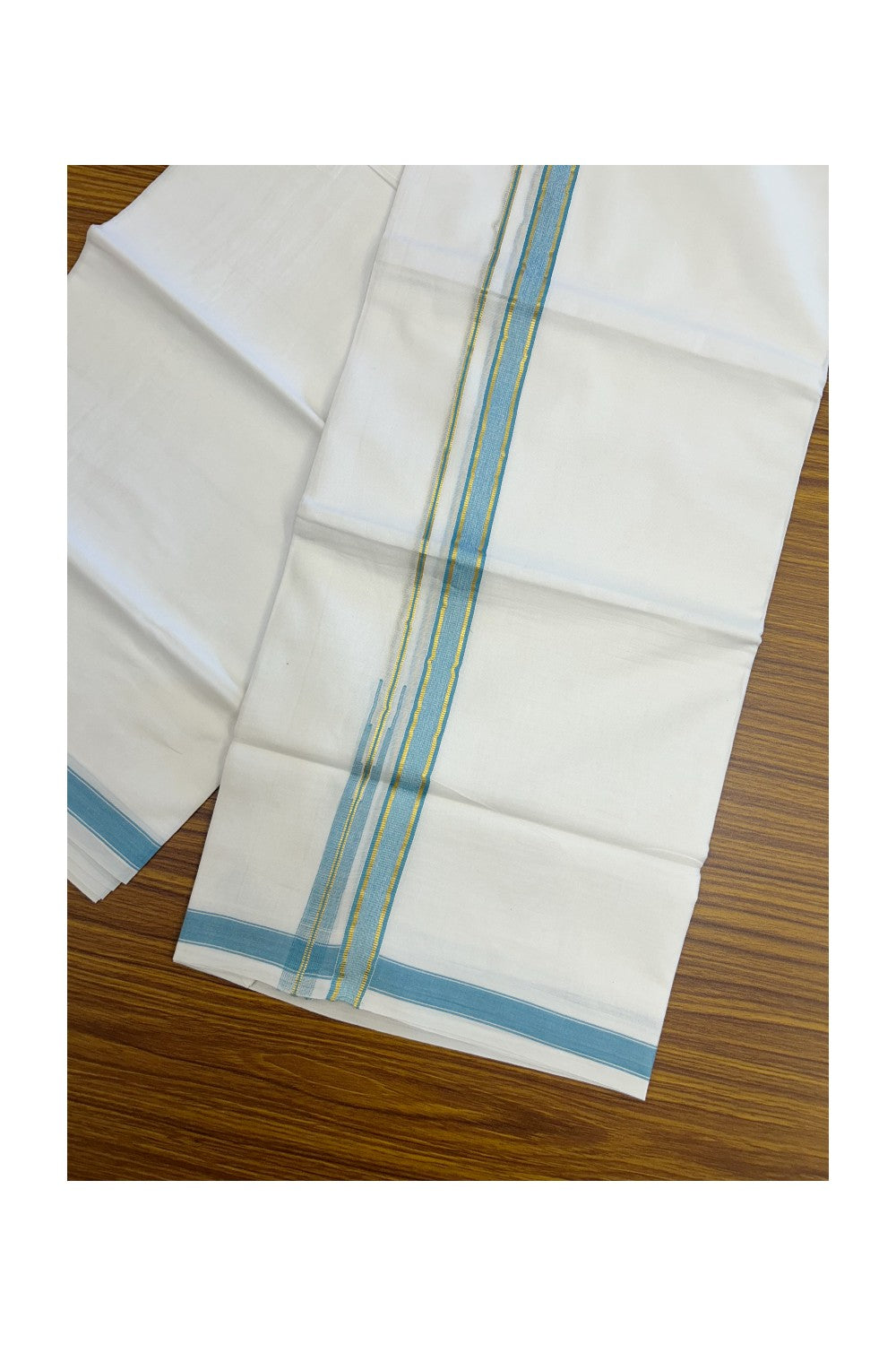 20% DISCOUNT!! Kaitharikada Balaramapuram 100% Pure Cotton PURE WHITE Double Mundu/Dothi - 100x80 - 0.75 Inch Cyan Blue & Gold Kasavu shaded Stripes Puliyilakkara Chutty - 39KK5217 CKS