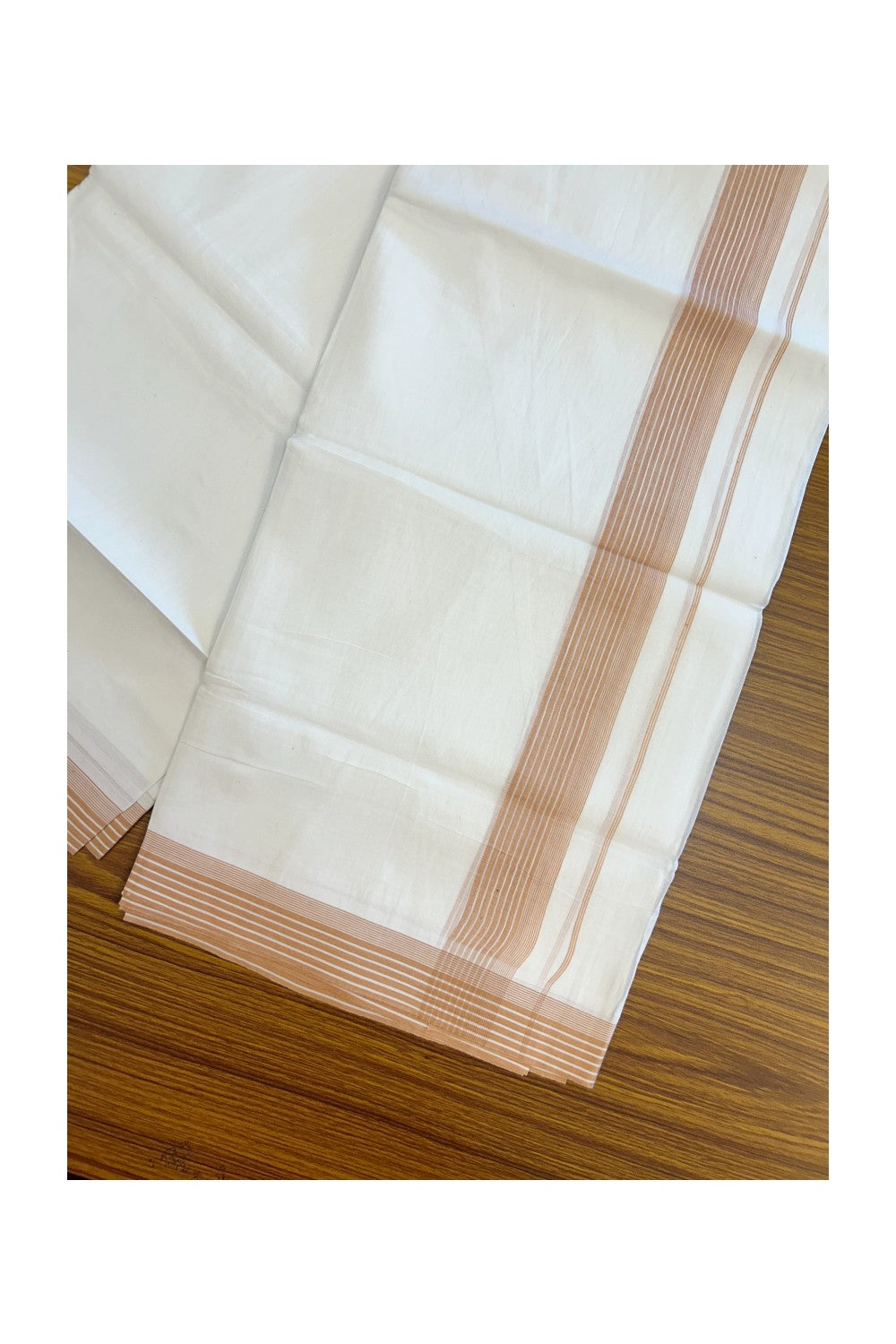 20% Discount ! Kaitharikada Balaramapuram 100% Cotton PURE WHITE Double Mundu/Dothi - 100x80 - 1.5 inch Peach Brown Striped Kara 3.75 mtr (8 muzham) - 39KK5220 THI