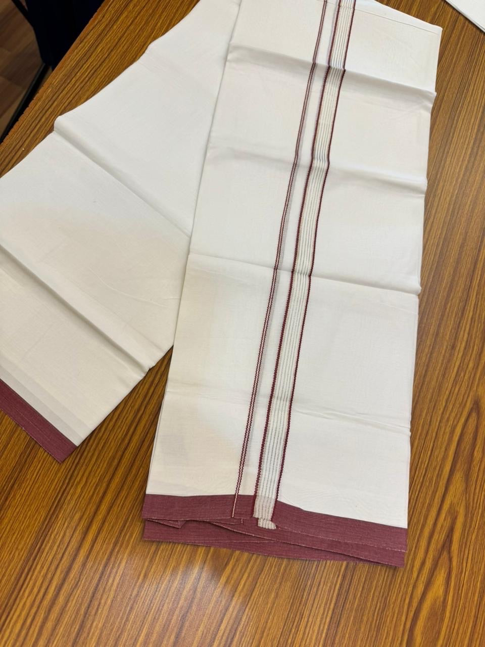 20% Discount ! Kaitharikada Balaramapuram 100% Cotton Pure White Double Mundu/Dothi - 100x80 - 0.75 inch Silver Kasav & Maroon Striped Kara 4 mtr (8.5 muzham) - 57 KK5255 VAS