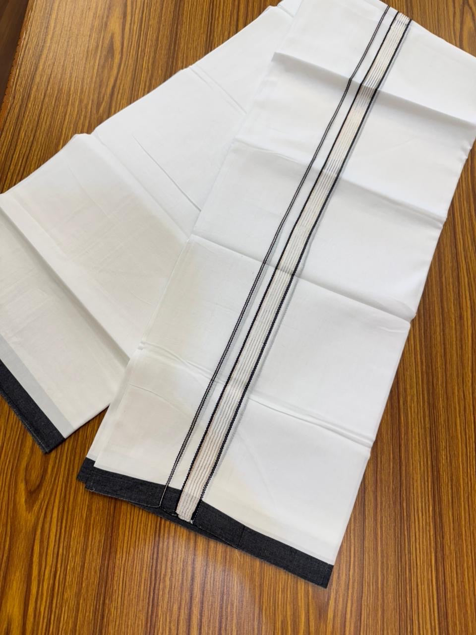 20% Discount ! Kaitharikada Balaramapuram 100% Cotton Pure White Double Mundu/Dothi - 100x80 - 0.75 inch Silver Kasav & Black Striped Kara 4 mtr (8.5 muzham) - 56 KK5255 VAS