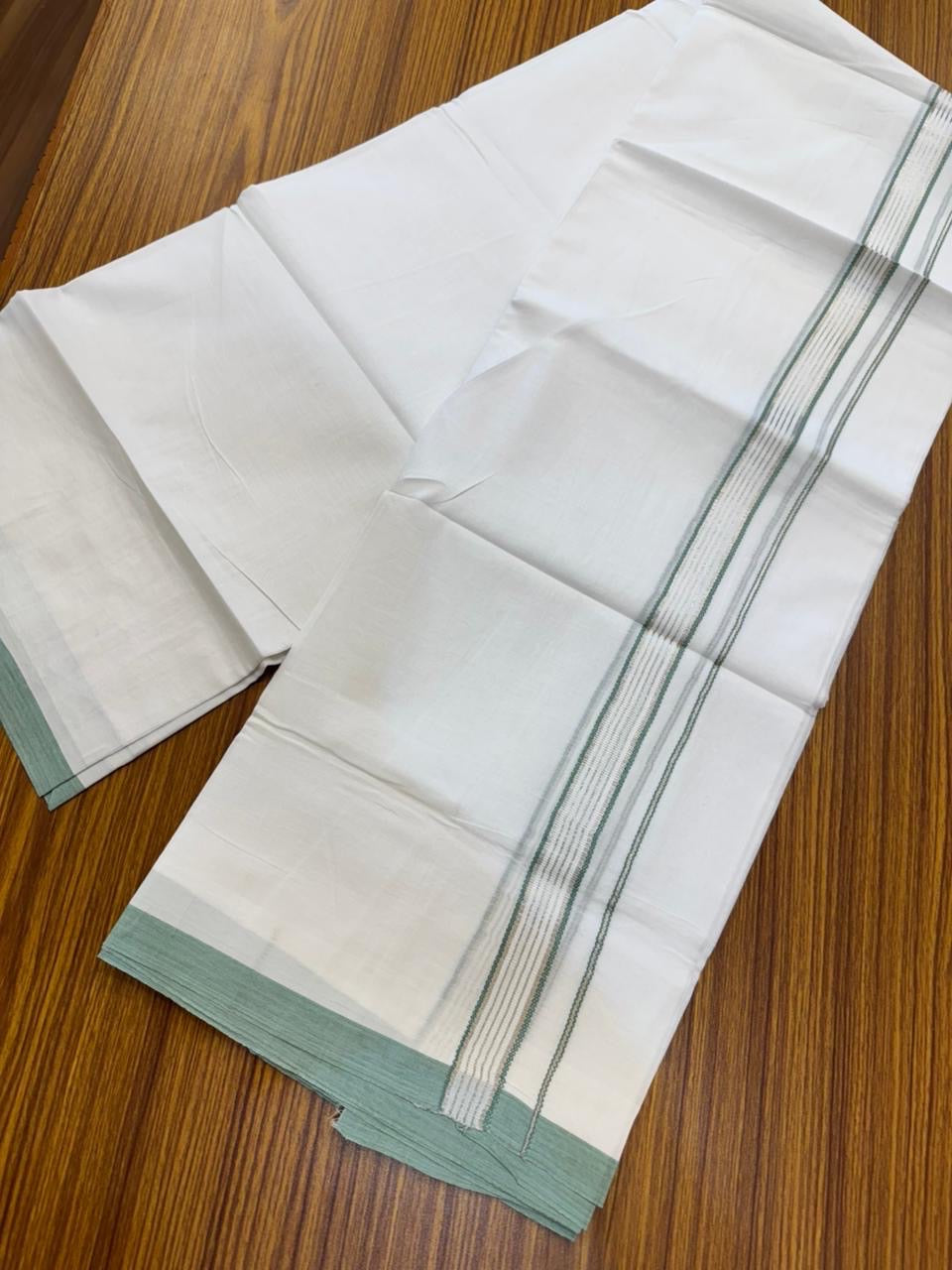 20% Discount ! Kaitharikada Balaramapuram 100% Cotton Pure White Double Mundu/Dothi - 100x80 - 0.75 inch Silver Kasav & Mint Green Striped Kara 4 mtr (8.5 muzham) - 58 KK5255 VAS