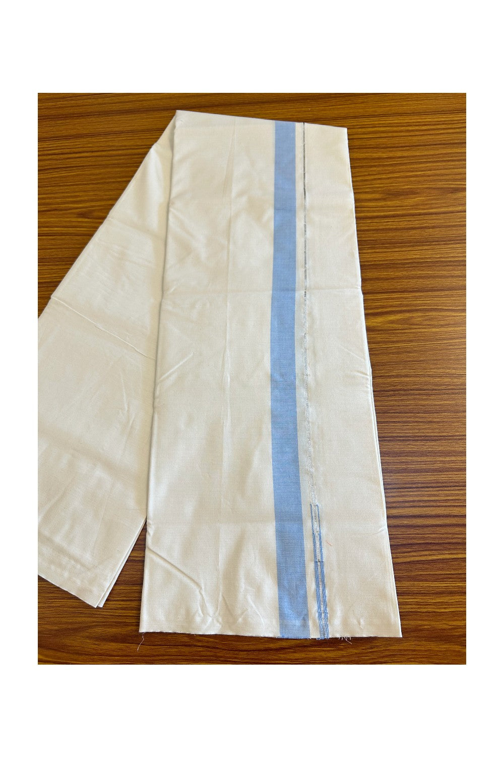 30% DISCOUNT ! KaithariKada Balaramapuram 100% COTTON SINGLE OFF WHITE (Unbleached) Mundu/Dhoti-Twisted 100s Thread- 1inch Sky Blue & Silver Kasav Chutty (2 meter / 4 muzham)-4KK455ASH