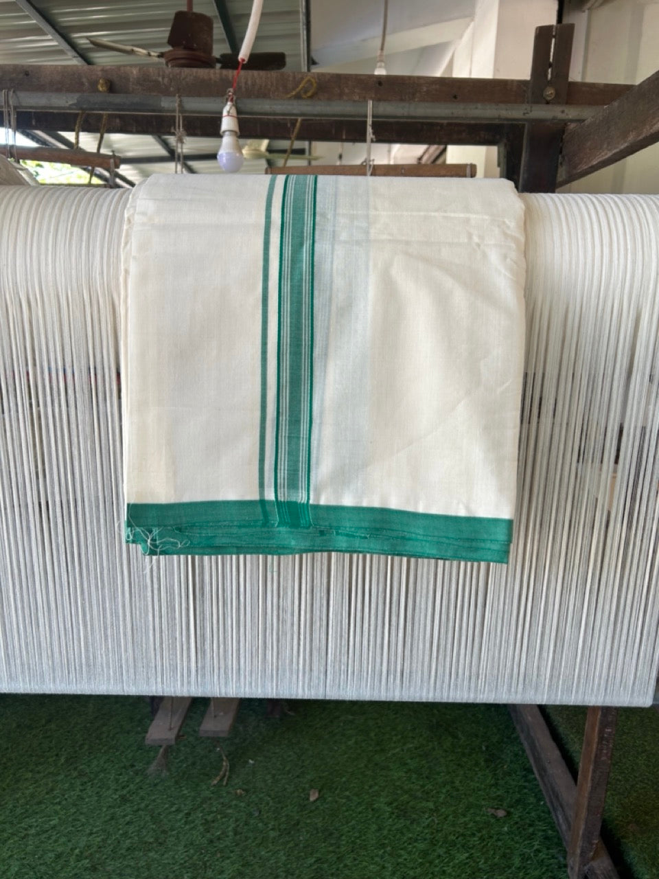 PREMIUM HANDLOOM-20% DISCOUNT! KaithariKada Cotton OFF White - 100x80 thread- NORTH INDIAN ATTACHED GAMCHA - 9X5 & 10X6 muzham Dhoti - 1.5 inch Green Border - 4KK5223VEL