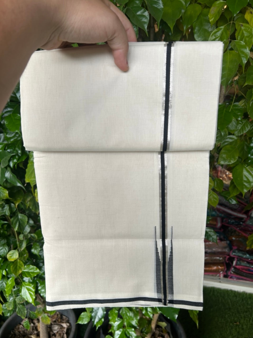 25% Discount!!! KaithariKada HANDLOOM UNAKKUPAAV Balaramapuram - 100% PURE Cotton OFF WHITE (Unbleached) Double Mundu/Dhoti - 80x90 - 1 inch Silver Kasavu Black chutty kara 4 Mtr (8.5 Muzham) - 4KK5235 YAR