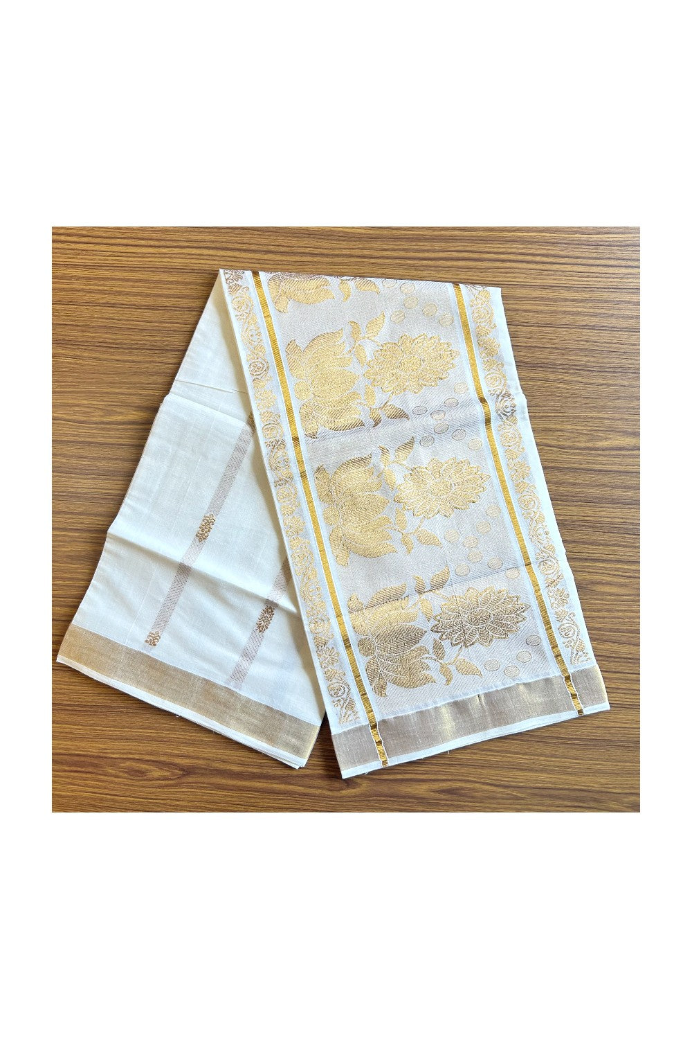 23% Discount!!! Kaitharikada Kerala Cotton Saree Off white - 32 inch Kasav Zari with Flower Pattern Putta Design- 4KK1002JEE