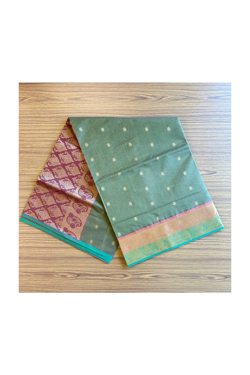 KaithariKada- Balaramapuram Saree - 100% PURE Cotton Silk - Olive Green & Maroon Design -4KK1005PAN.