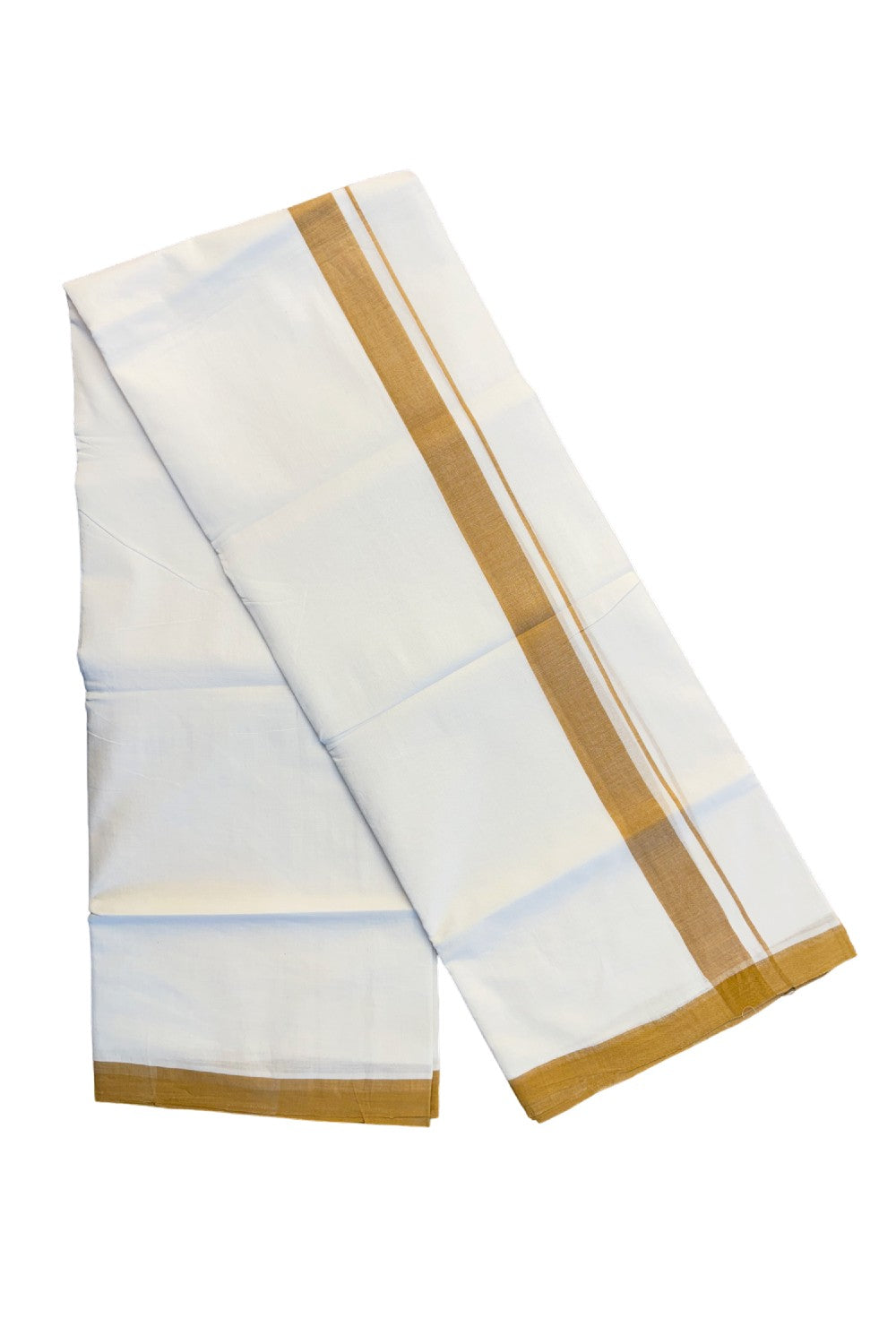 30% Discount! KaithariKada Balaramapuram Handloom 100% Millpaav Cotton Double Mundu/Dhoti Pure white - 100x100 Mustard yellow Mulloth Border 3.70m (8 Muzham) - 4KK404RAM