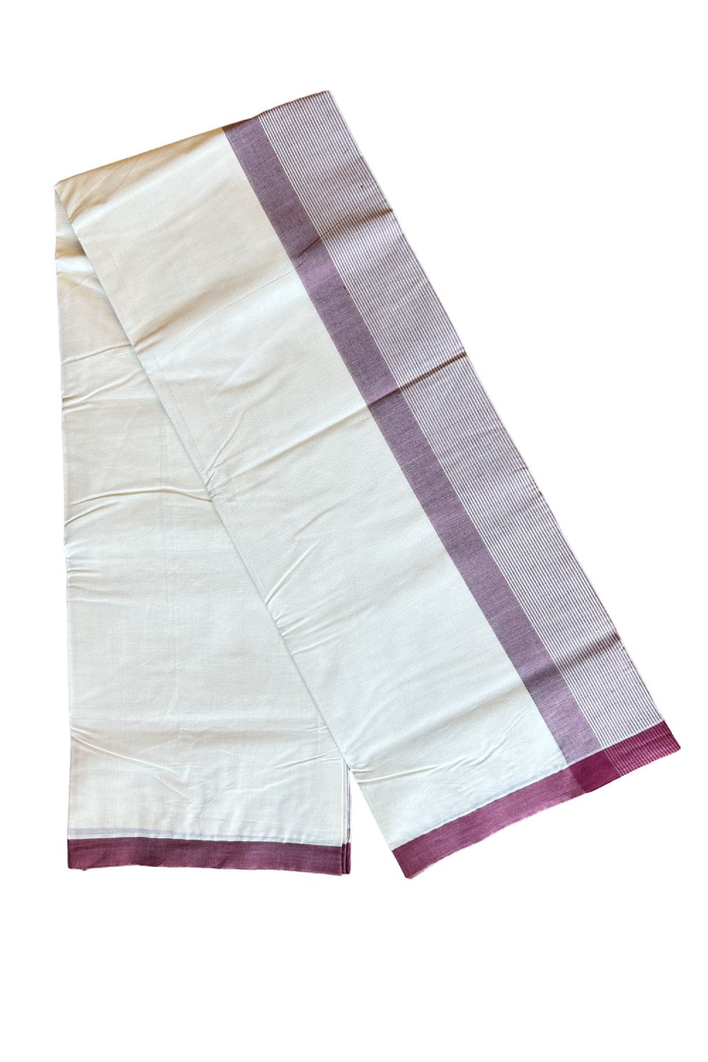 20% DISCOUNT! KaithariKada Balaramapuram 100% Cotton Off white  (Unbleached) Double Mundu/Dhoti-100x100 Maroon Stripes Kara- 4KK423ASH