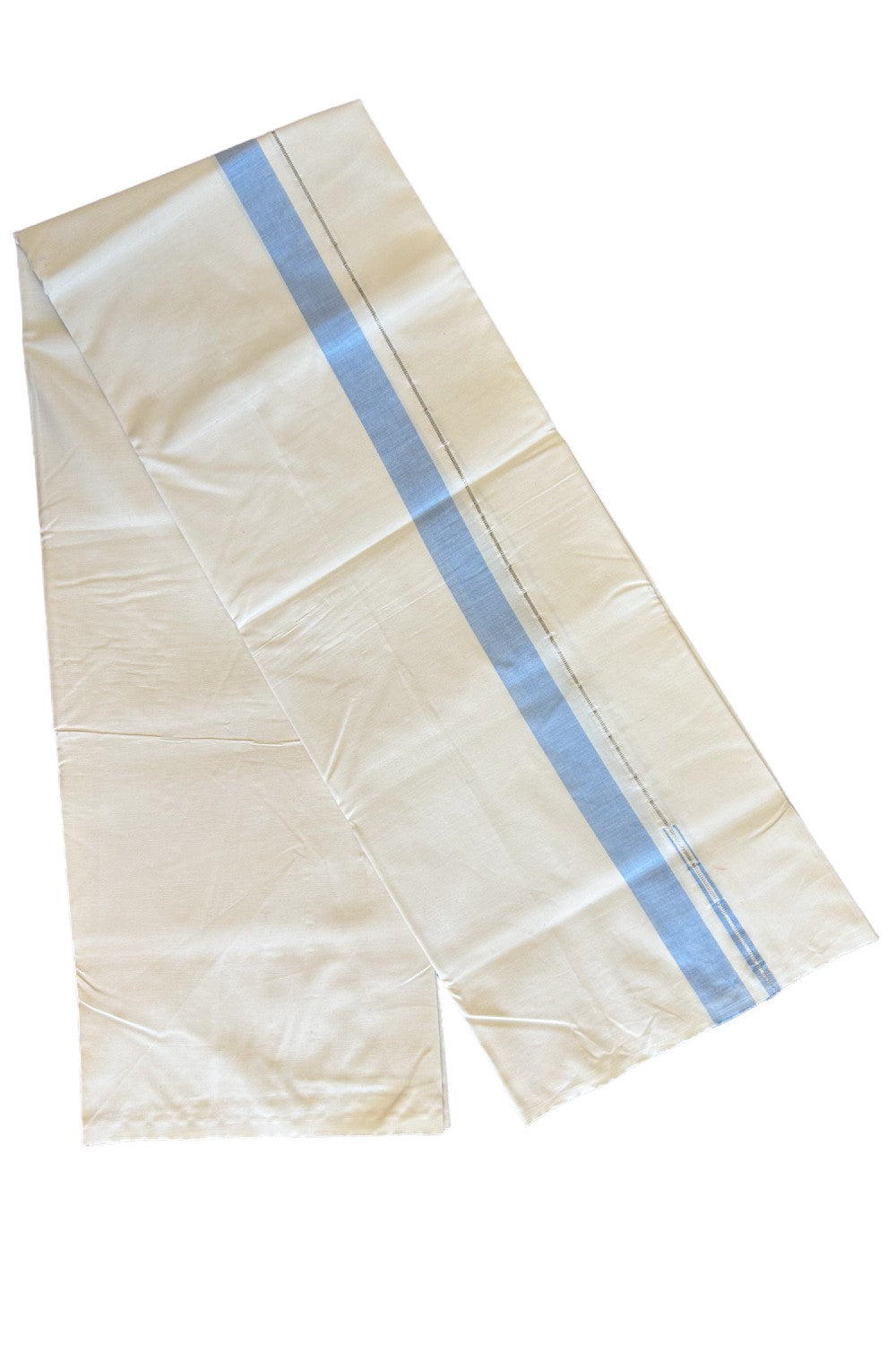 30% DISCOUNT ! KaithariKada Balaramapuram 100% COTTON SINGLE OFF WHITE (Unbleached) Mundu/Dhoti-Twisted 100s Thread- 1inch Sky Blue & Silver Kasav Chutty (2 meter / 4 muzham)-4KK455ASH
