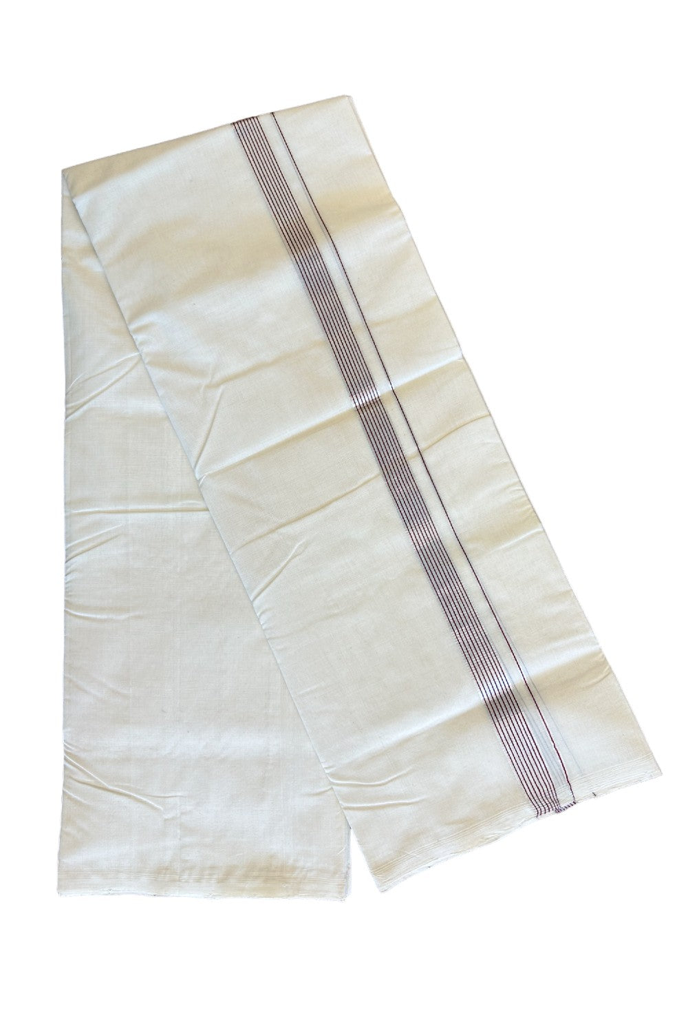 30% DISCOUNT!! KaithariKada HANDLOOM UNAKKUPAAV Balaramapuram - 100% PURE Cotton OFF White (Unbleached) Double Mundu/Dothi - Maroon & Silver kasavu Striped kara - 4KK458SOM
