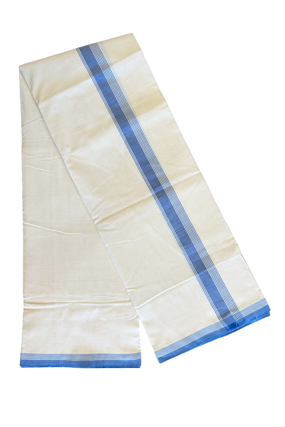 120X120 PREMIUM Kaitharikada Exclusive - 25% DISCOUNT! BALARAMAPURAM HANDLOOM Unakkupaavu - 100% PURE Cotton Double Mundu/Dhoti OFF WHITE (Unbleached) - 1.75 inch Blue Striped Kara - 4KK477KAL