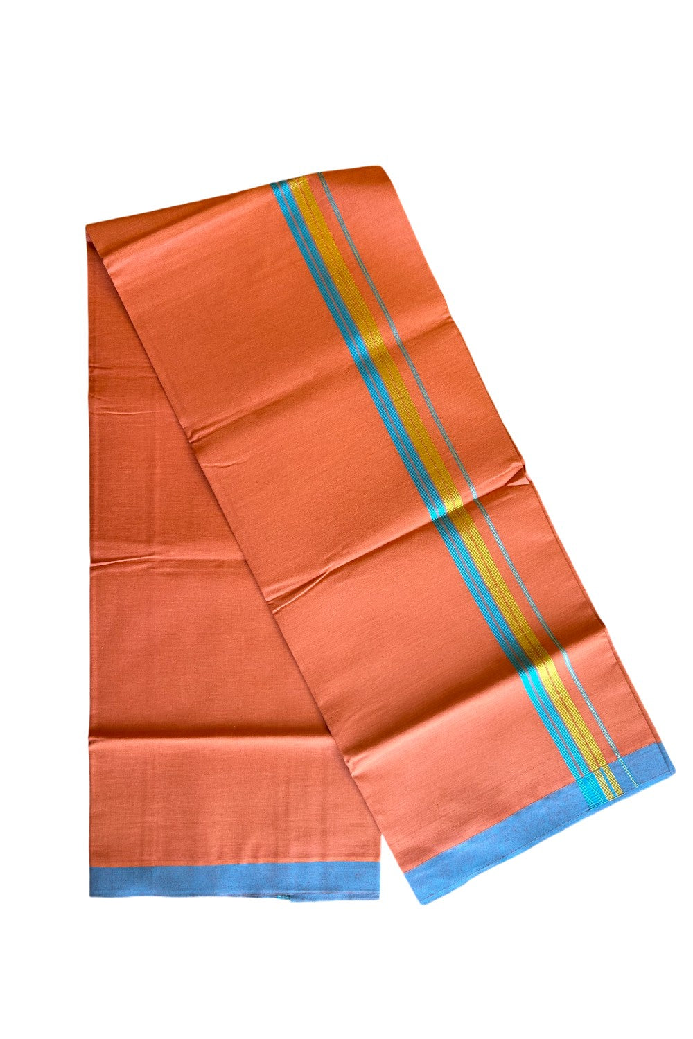 Kaitharikada Soft Cotton - Kaily / Lungi - 1.75 inch Deep sky blue & kasavu striped kara with KAAVI colour body - 4KK492RAM