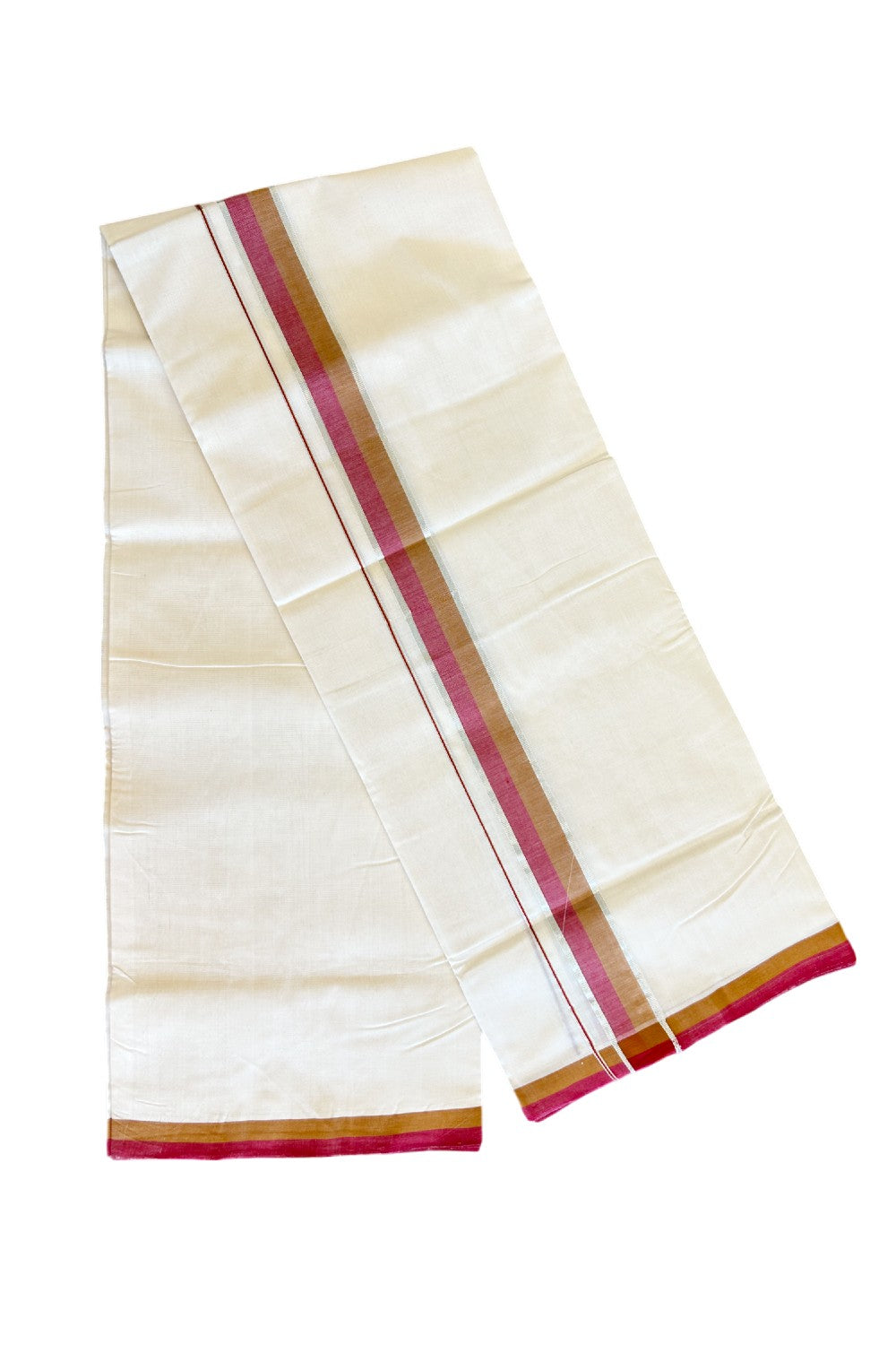 30% Discount KaithariKada HANDLOOM Unakkupaav Balaramapuram - 100% PURE Cotton Off White - (Unbleached) 100x100 Double Mundu/Dhoti - 2.15 inch Silver Kasavu Brown & Red Kara- 4KK498KK