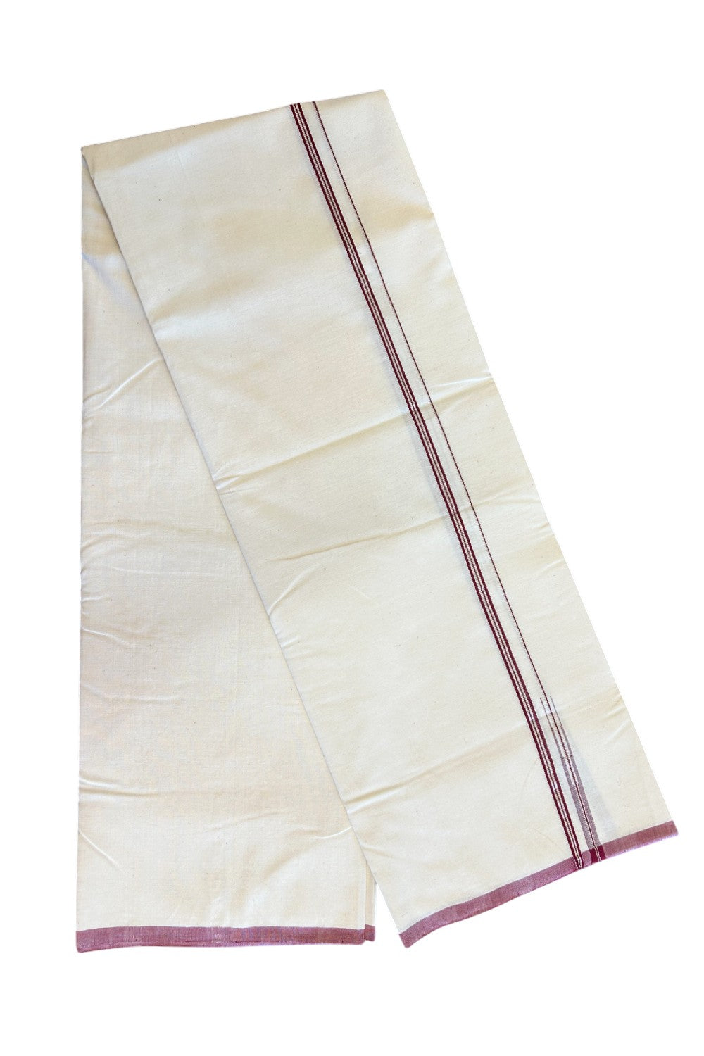 SIGNATURE KAITHARIKADA EXCLUSIVE SINGLE DHOTI - 100% Cotton Balaramapuram HANDLOOM Single Mundu/Dhoti - Off White - (Unbleached) - 1 cm Maroon & Silver Striped KASAVU Chutty Kara (2 meter / 4 muzham)- 4KK5040KAI