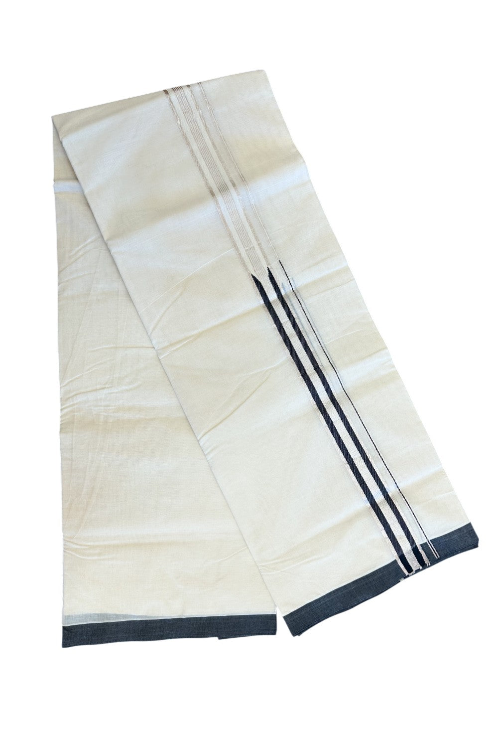 19% DISCOUNT! KaithariKada Balaramapuram 100% Cotton Double Off white - (Unbleached) Mundu/Dhoti-100x100 2 inch Chutty Heavy Designer Black & SILVER Kasavu Kara - 14KK400ASH
