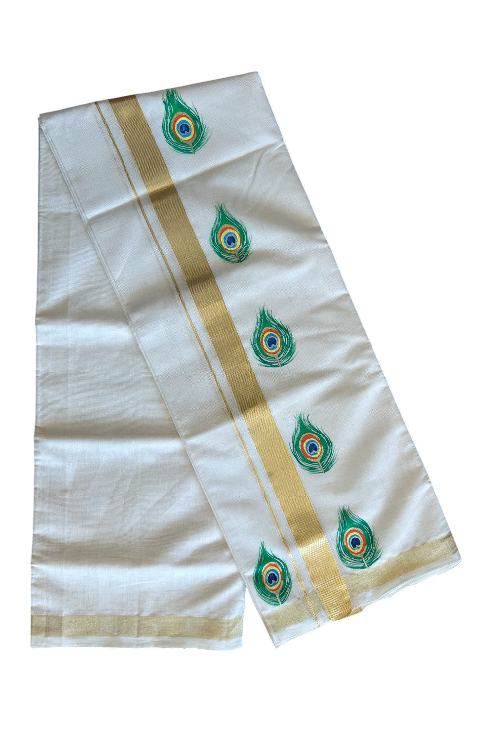 25% Discount!! KaithariKada HANDLOOM Millpaav Balaramapuram - 100% PURE Cotton OFF White - (Unbleached) Double Mundu/Dothi - 1.75 Inch Kasavu kara Hand Painted Peacock feather Design - 4KK5091RAM