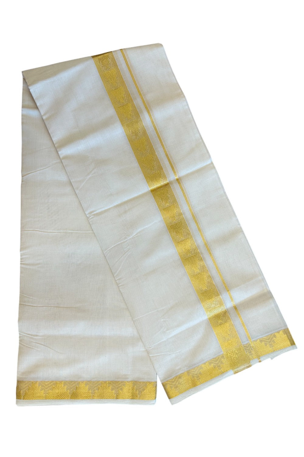 25% DISCOUNT ! KaithariKada HANDLOOM Unakkupaav Balaramapuram - 100% PURE Cotton Off White - (Unbleached) Double Mundu/Dhoti - 2.25 inch Gold Kasavu Design Kara - 4KK5107ABH