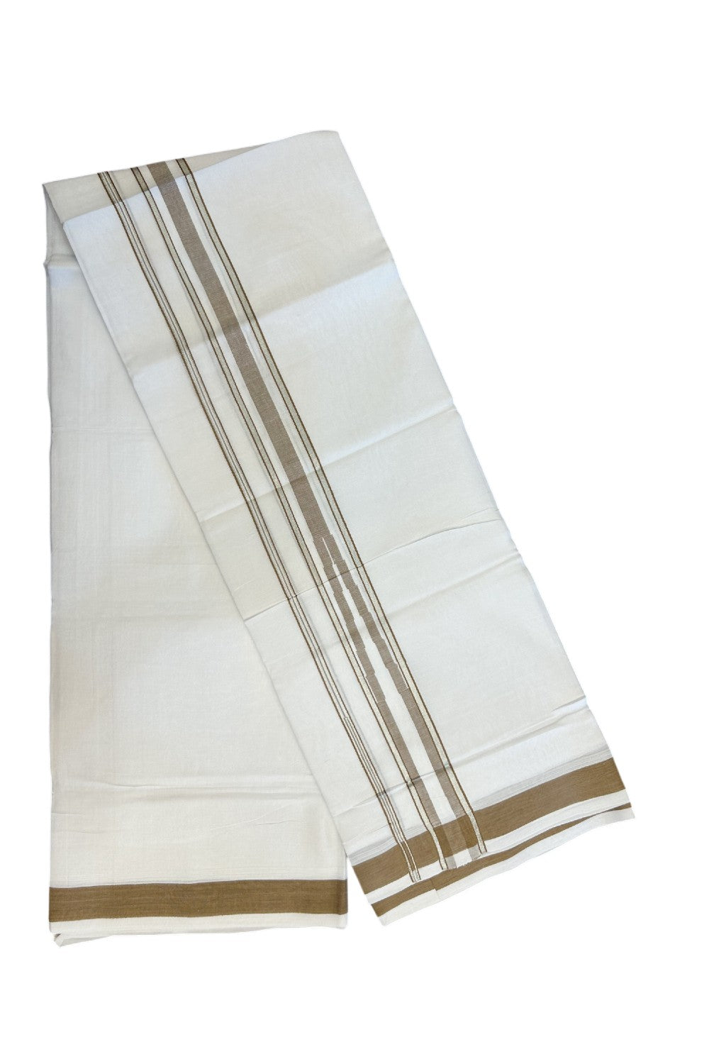 25% DISCOUNT! KaithariKada Balaramapuram 100% Mercerised Cotton Double ULTRA PURE white Mundu/Dhoti - 120x120 - 1.75 inch Heavy Chutty Silver Kasavu & Peanut Brown Shaded Kara - 4KK5139THI