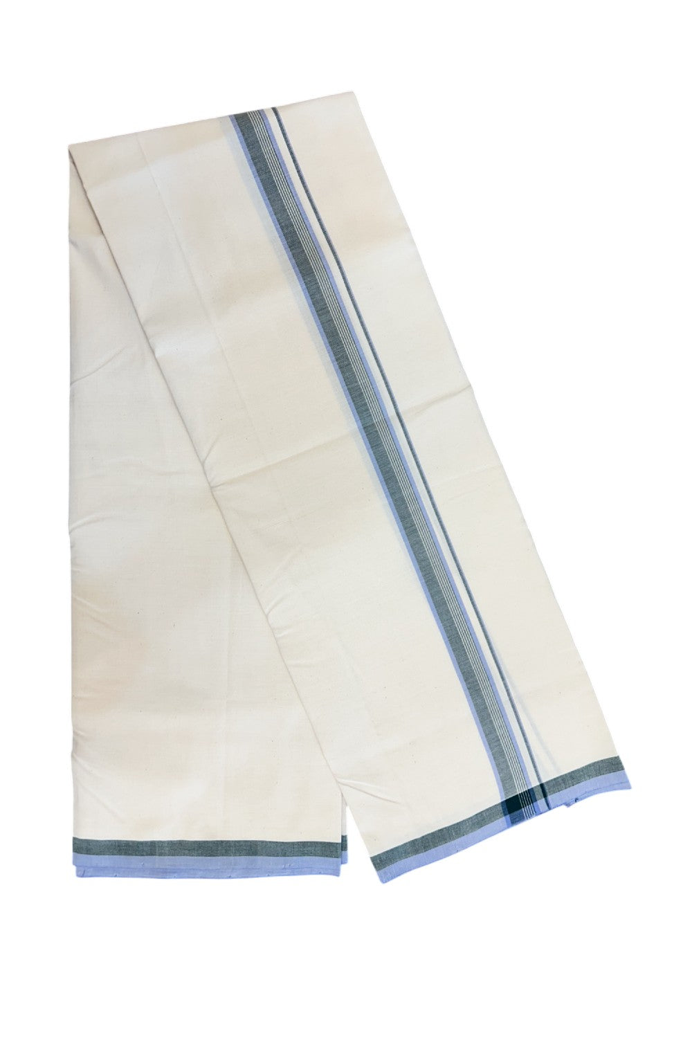 30%DISCOUNT!! SIGNATURE KAITHARIKADA EXCLUSIVE SINGLE DHOTI - 100% Cotton Balaramapuram HANDLOOM Single Mundu/Dhoti - Off White - (Unbleached) 1 inch Green & Lavender Striped Kara (2 meter / 4 muzham)- 4KK5173KAI