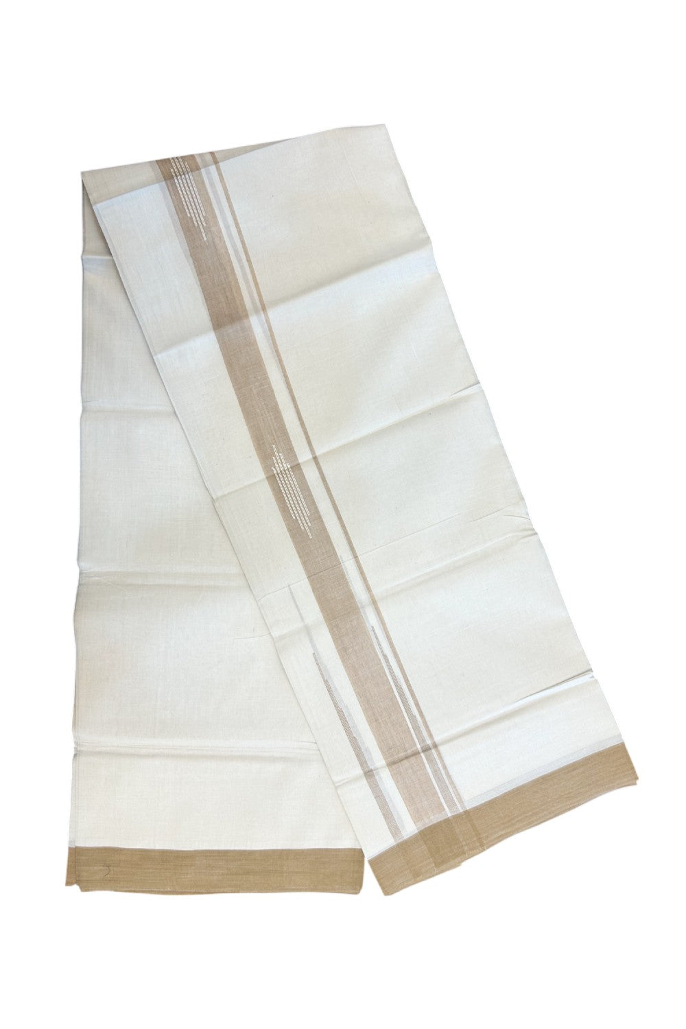 25% DISCOUNT! KaithariKada Balaramapuram Double OFF WHITE 100% Cotton Mundu/Dhoti - 100x80 - 2 inch Putta Design Sand Brown chutty kara - 4KK5174THI