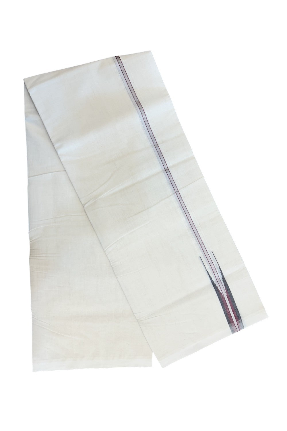 25% DISCOUNT!! KaithariKada HANDLOOM MILPAAV Balaramapuram - 100% PURE Cotton OFF White Double - (Unbleached) Mundu/Dothi - 100x100 - 1 inch Silver Kasavu Maroon & Brown shaded chutty - 3KK5177RAM