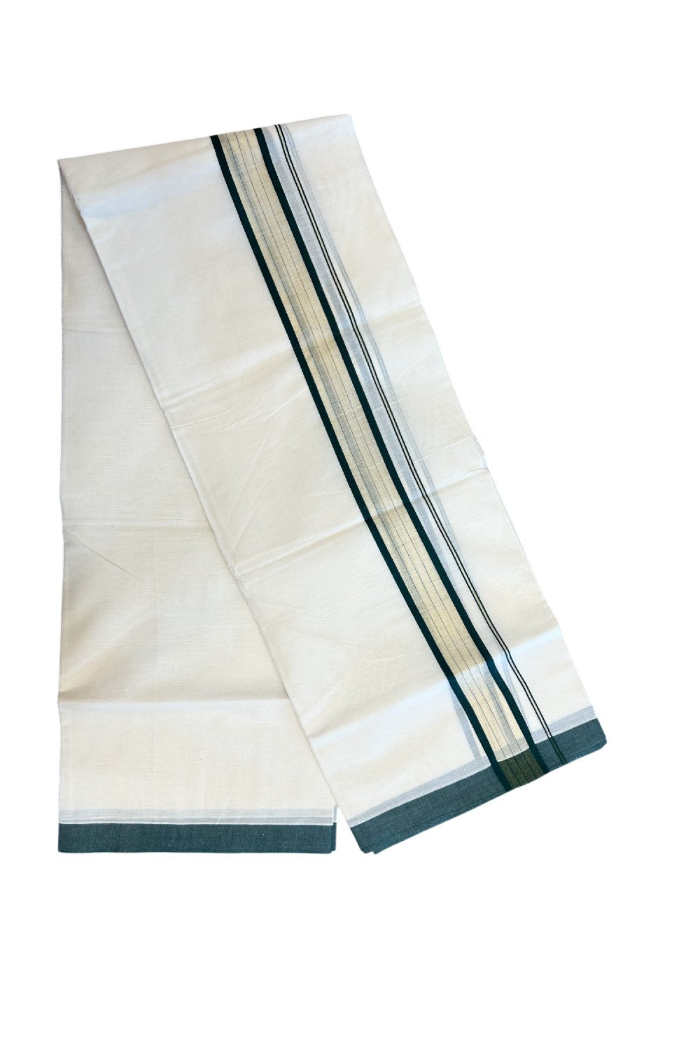 20% DISCOUNT! KaithariKada Balaramapuram Double OFF WHITE Mundu/Dhoti - 80x90 - 1.75 Inch Tissue Dark Green striped Kara - 4KK5182VAS