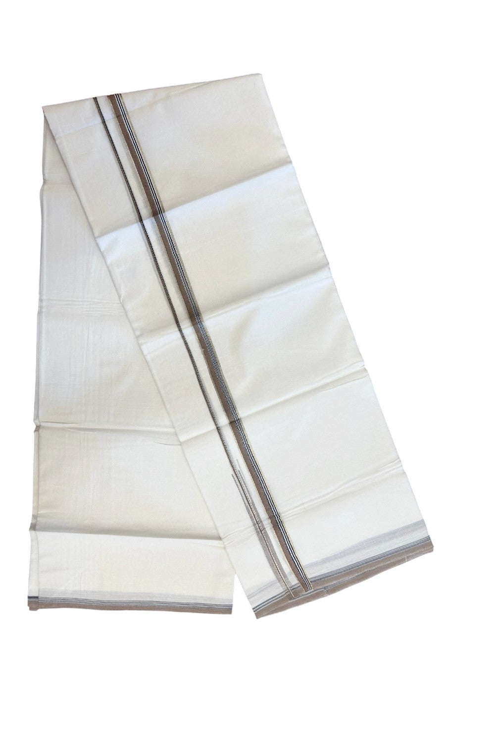 20% Discount !! Kaitharikada Balaramapuram 100% Cotton PURE WHITE DOUBLE Mundu/Dothi- 100X80 Thread - 0.5 inch - Silver Kasavu Black & Grey Brown Design Chutty Kara - 4KK5184RAMS