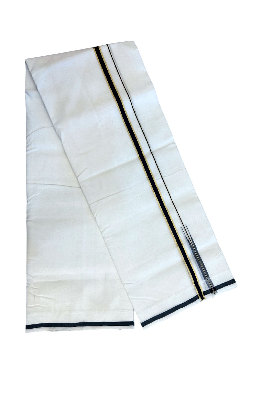 25% Discount!! NEW ULTRA PURE WHITE HANDLOOM Balaramapuram - 100% Mercerised Cotton Double Mundu/Dhoti - 120(Twisted) x 80 - 0.5 inch Black Kasav Puliyilakkara Chutty - 4KK5195REA