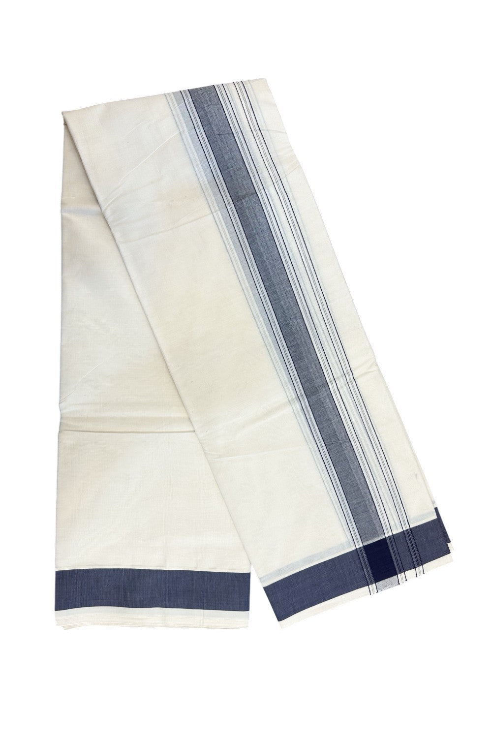 20% DISCOUNT! KaithariKada 100% Cotton Off White - (Unbleached) - Pure Cotton -100x100 thread - NORTH INDIAN - ATTACHED GAMCHA 9X5 Dhoti Navy Blue Striped 1.75 inch kara - 4KK5196PMC