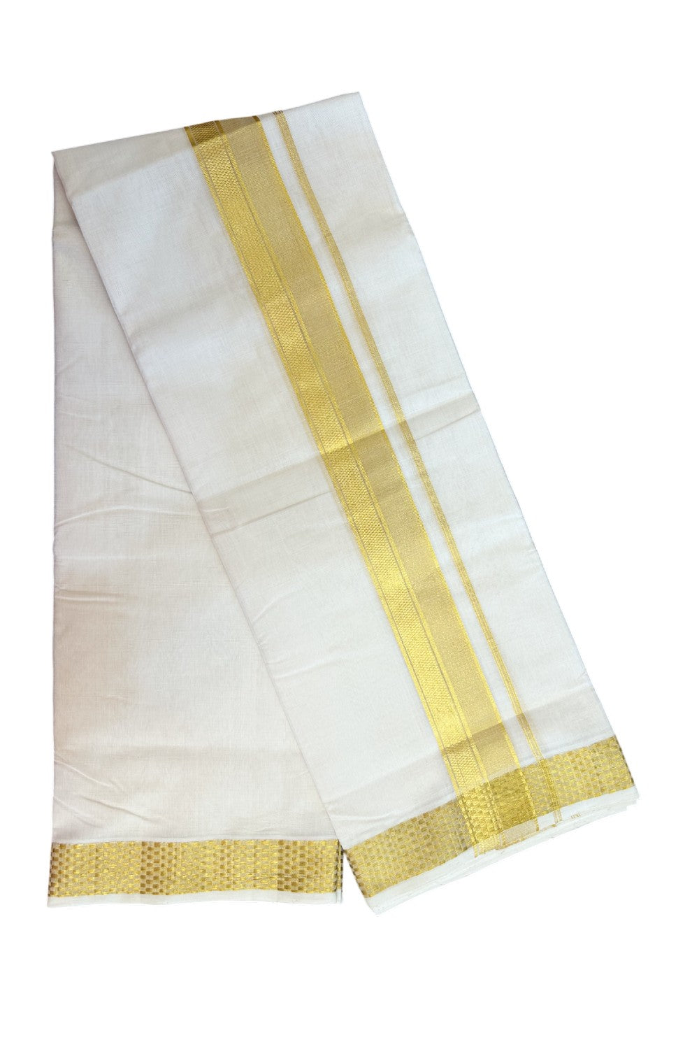 25% DISCOUNT ! KaithariKada HANDLOOM UNAKKUPAAV Balaramapuram - 100% PURE Cotton Off White - (Unbleached) Double Mundu/Dhoti - 2.25 inch Gold Kasavu Striped Jacquard Design Kara - 4KK5208ABH