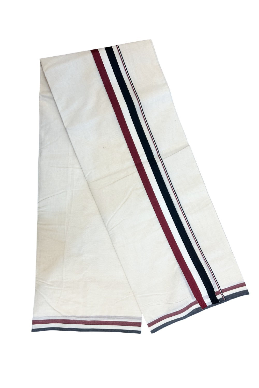 ADMK VESHTI - 20% DISCOUNT! KaithariKada 100% Cotton off white Double - (Unbleached) Mundu/Dhoti - 100X100 - 1.75 inch Black White & Maroon kara - 4KK5211ASH