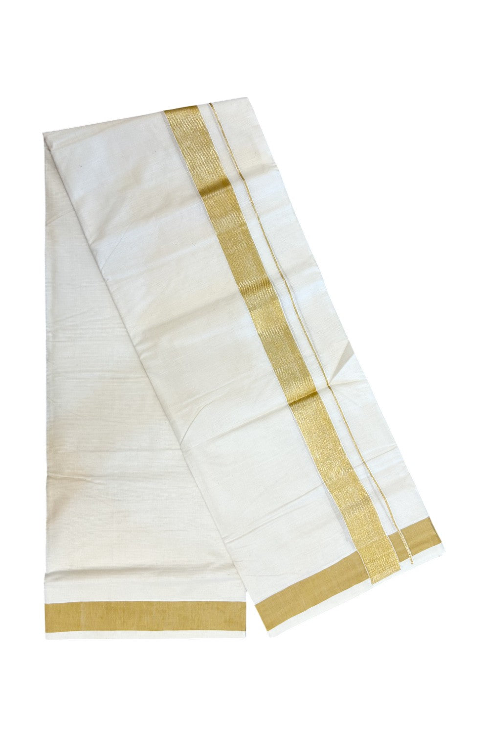 20% DISCOUNT ! KaithariKada Balaramapuram Mixed Cotton OFF WHITE (Unbleached) Double Mundu/Dhoti - 60s Thread Mixed Cotton - 1.5 inch Dark Yellow & Gold Kasav Kara - 4KK5213 VIN