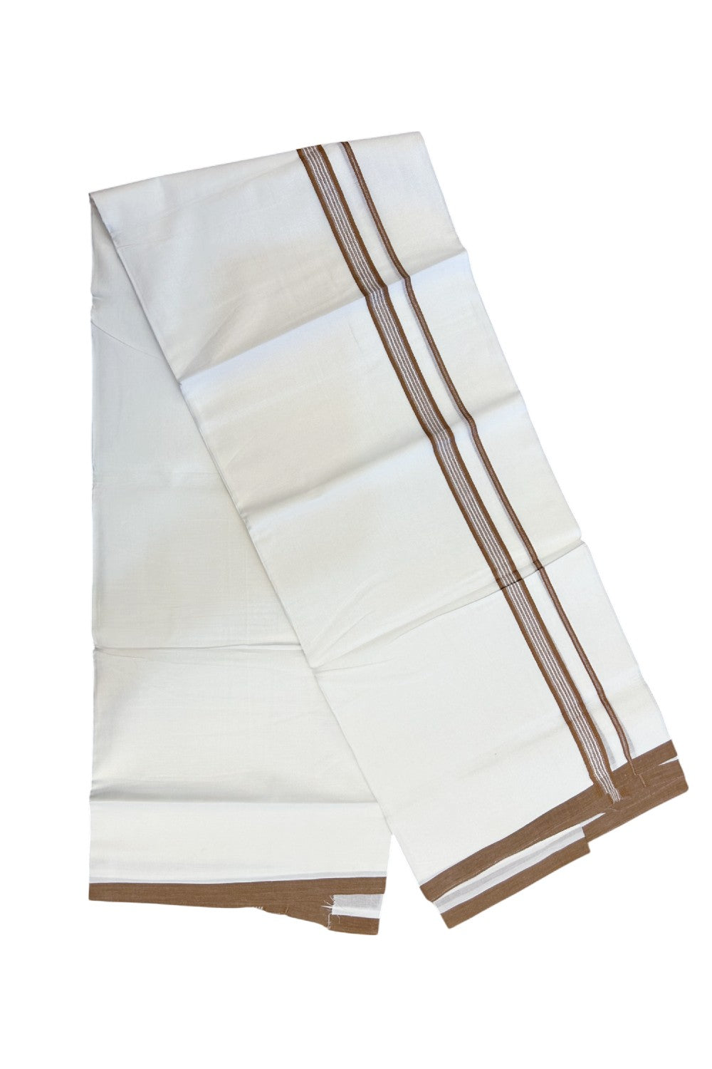 20% Discount ! Kaitharikada Balaramapuram 100% Cotton PURE WHITE Double Mundu/Dothi - 100x80 - 0.75 inch Brown Shaded Striped Kara - 4KK5217 CKS