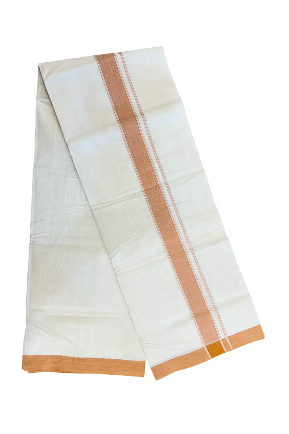 NEW !! 20% DISCOUNT!! KaithariKada Balaramapuram 100% Cotton Double Off white - (Unbleached) Mundu/Dhoti-100x80 - 1.5 inch Light Orange Shaded Striped KARA - 3.75 mtr (8 Muzham) - 4KK5218 ASH