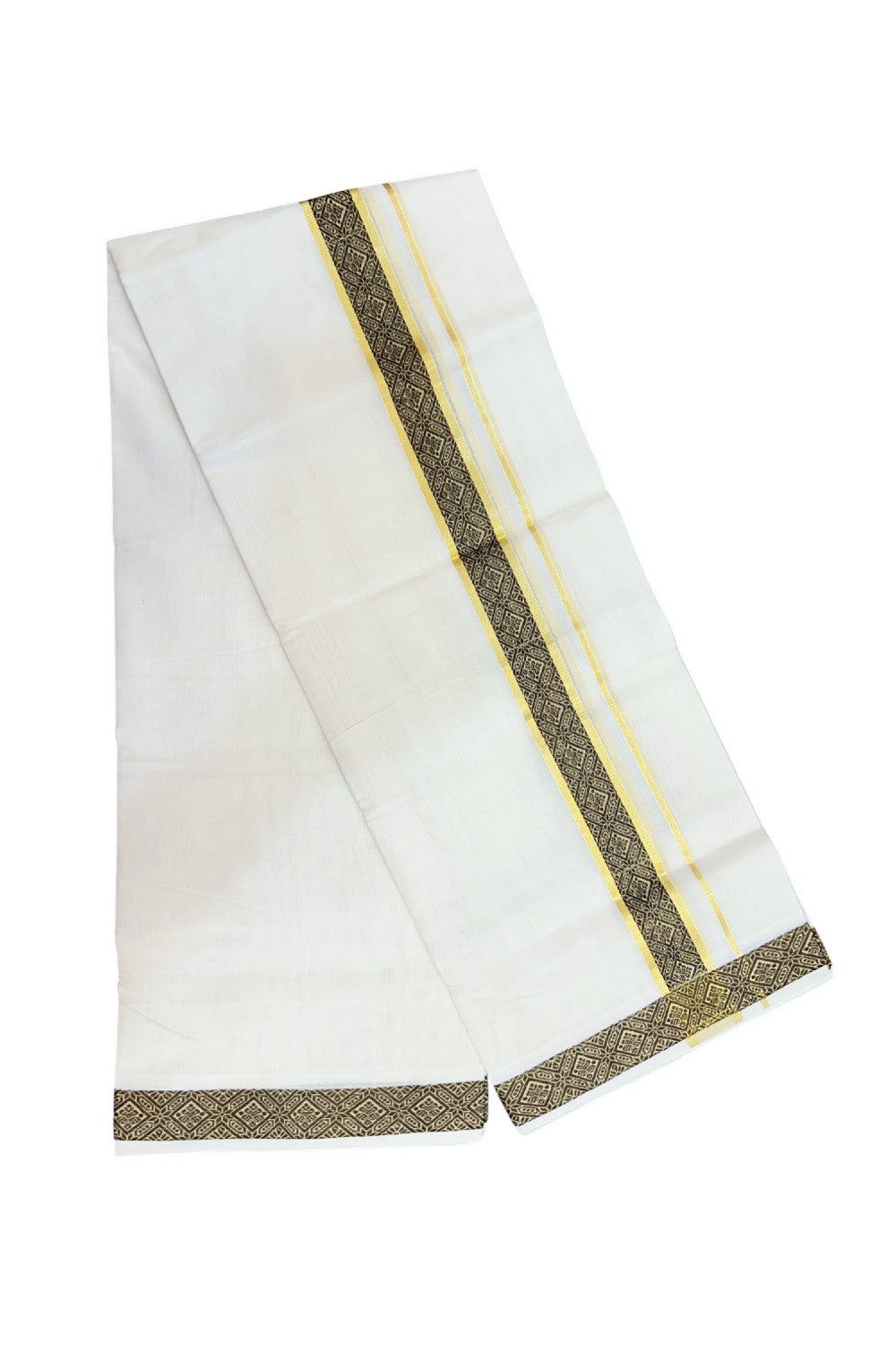 25% DISCOUNT ! KaithariKada HANDLOOM Unakkupaav Balaramapuram - 100% PURE Cotton OFF WHITE - (Unbleached) Double Mundu/Dhoti - 80x90 - 1.5 inch Gold Kasavu & Dark brown Jacquard Design Kara 4 mtr (8.5 Muzham) - 3KK5231 ABH