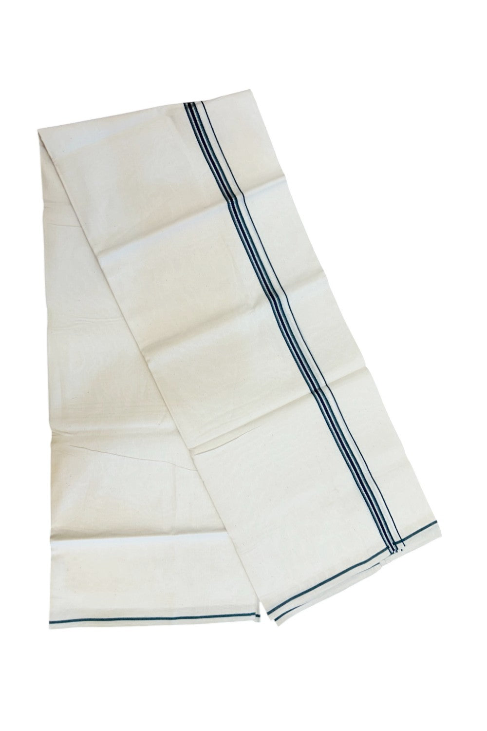24% Discount !! KaithariKada Balaramapuram 100% Cotton OFF WHITE (Unbleached) Single Mundu/Dhoti - Twisted 60s Thread - 1.5 cm Silver Kasavu Green & Navy Blue Kara (2 meter / 4 muzham) - 2KK5236 GL