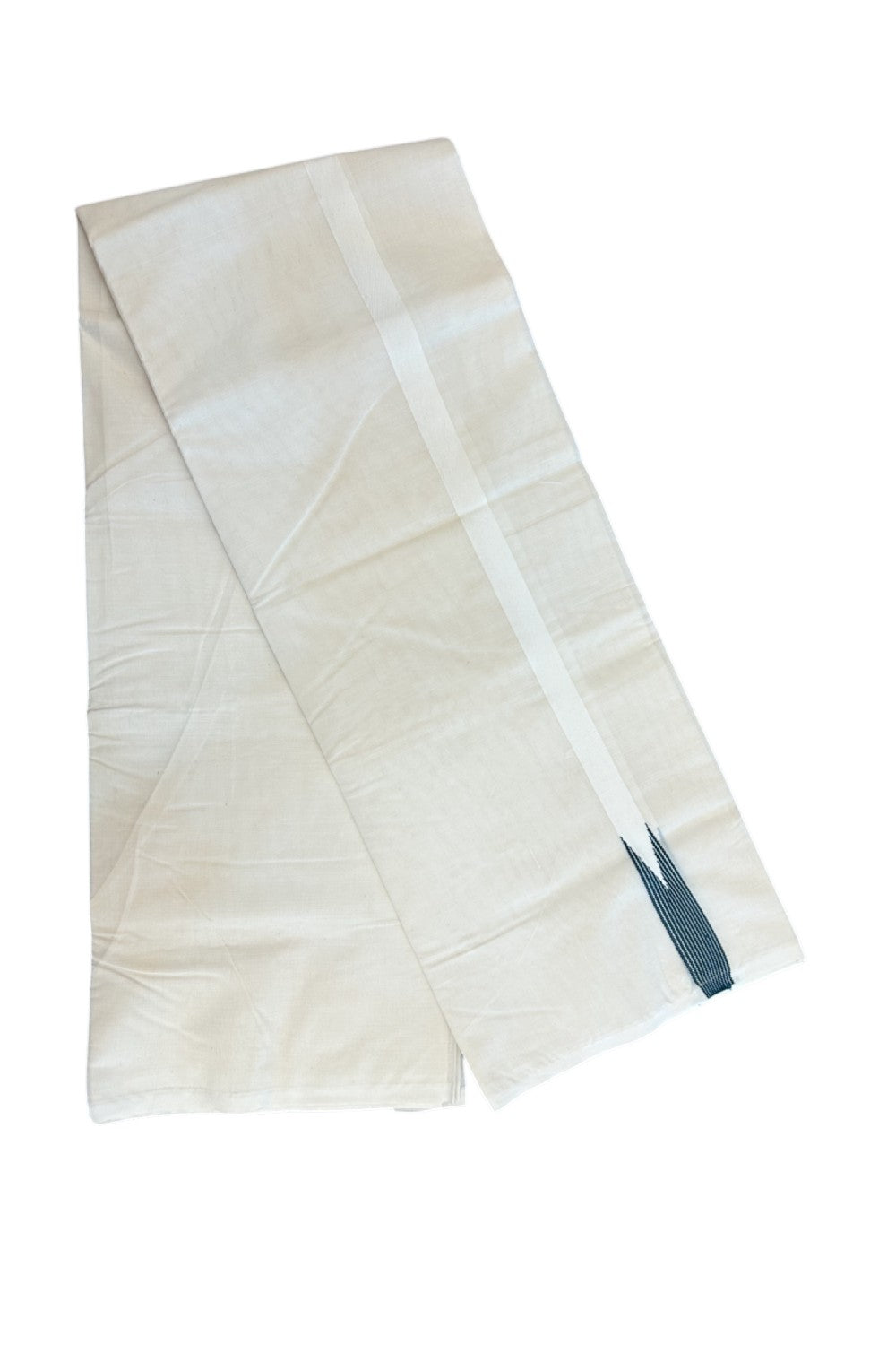 29% DISCOUNT ! KaithariKada Balaramapuram 100% COTTON Double OFF WHITE (Unbleached) Mundu/Dhoti- 100x100 - 0.75 inch Puliyilakkara Peacock Green Striped Chutty Kara - 4mtr (8.5 muzham)- 5KK5238 ASH