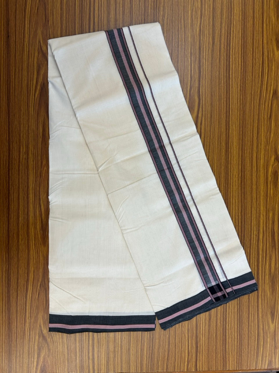 25% DISCOUNT!! KaithariKada HANDLOOM UNAKKUPAAV Balaramapuram - 100% PURE Cotton OFF White - (Unbleached) Double Mundu/Dothi - 100 x 80 - 1.5 inch Pink Black Black Strip Kara 3.85 meter - 4 KK5249 REA