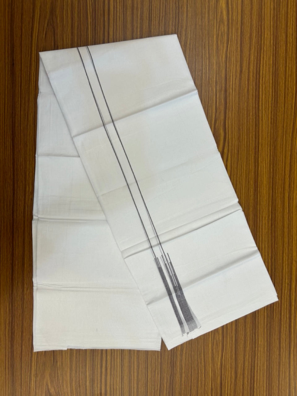 20% DISCOUNT!! NEW!! KaithariKada Balaramapuram 100% Cotton PURE WHITE Double Mundu/Dhoti - (100x80)s - 0.75 inch Ash Black Line chutty - 4 KK5249 VIN
