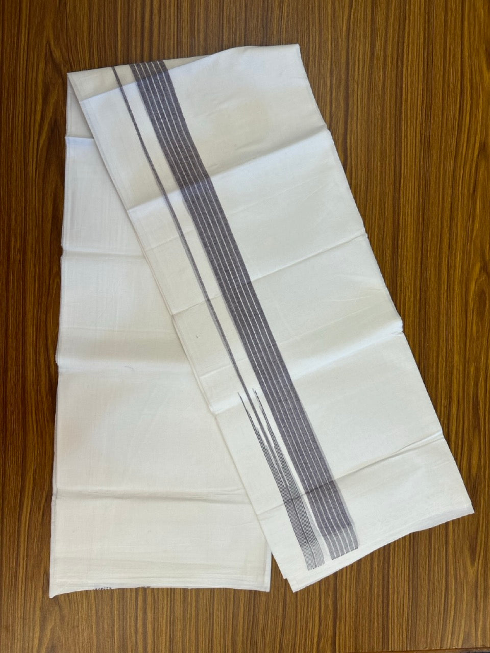 24% Discount! KaithariKada Balaramapuram 100% Cotton Pure white Double Mundu/Dhoti - (100x80)s - 1.5 inch Puliyilakkara Dark Violet Stripes Chutty - 104 KK5258 THI