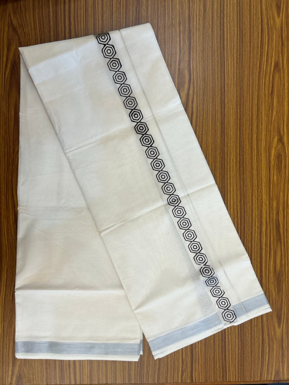 KaithariKada 100% Cotton Double 4 meter Off white - (Ubleached) Mundu / Dhoti - 100x80 1 inch Silver Kasavu & Black Printed Tribal - 4 KK5262 MUT