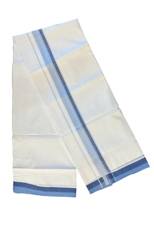 21% DISCOUNT!! Kaitharikada Balaramapuram 100% Cotton Ultra WHITE Double Mundu/Dothi-100x80 BLUE & WHITE STRIPED Cotton Kara -4KK63VAS.
