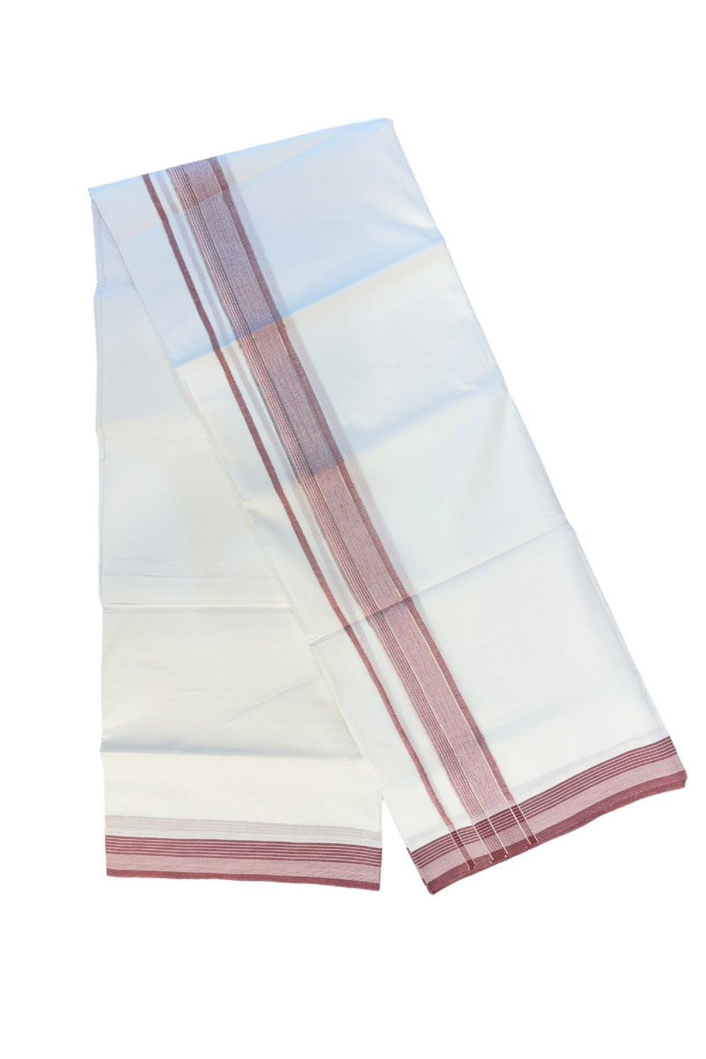 19% DISCOUNT!!! KaithariKada Balaramapuram 100% Cotton Double PURE white Mundu/Dhoti-100x100 - 2.5 Inch Silver kasavu stripes & red shaded Kara - 4KK83VIN