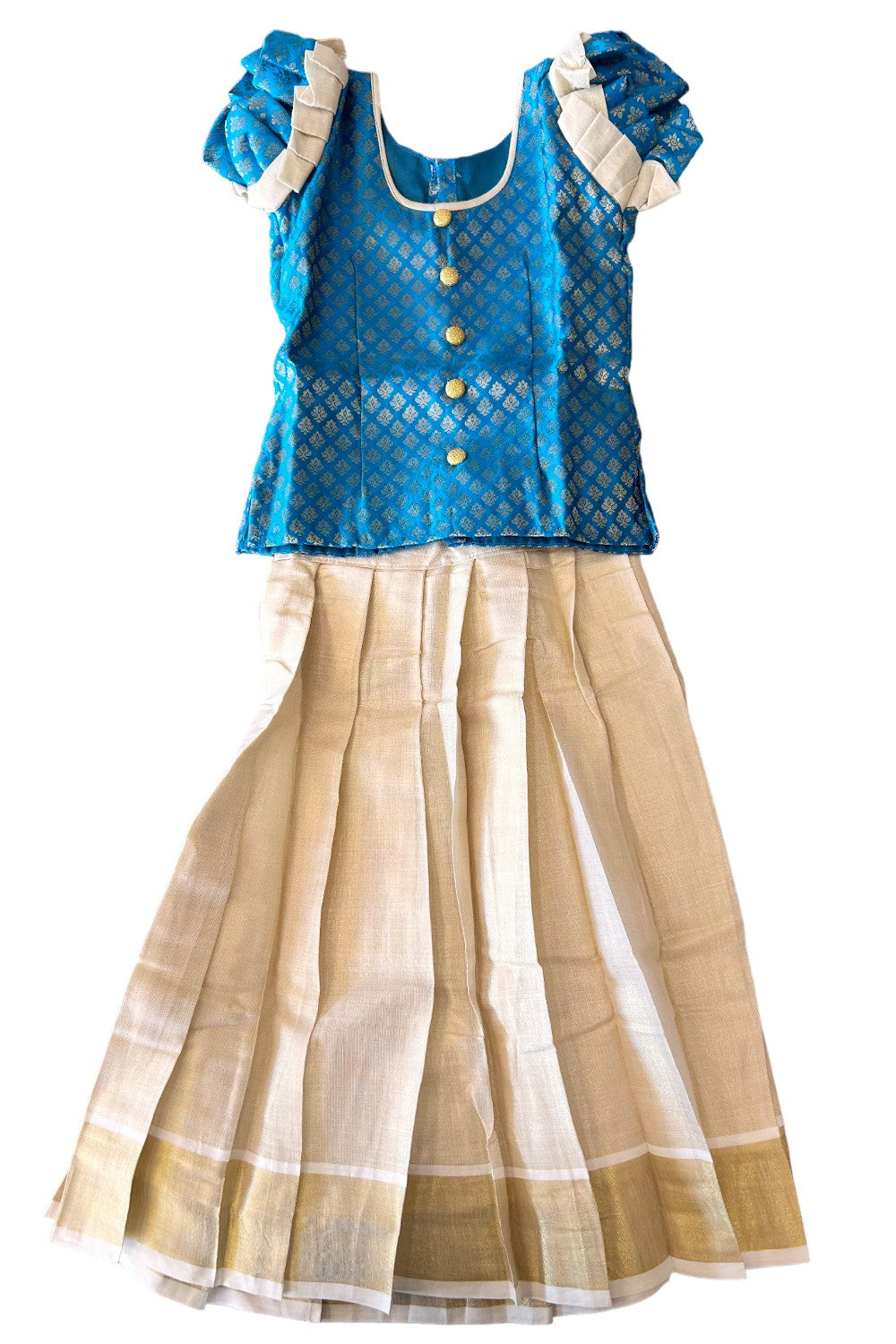 Midukki-Traditional South Indian Kids Pattu Pavada- Sky Blue brocade top tissue skirt - Age 4 - KK4MID004