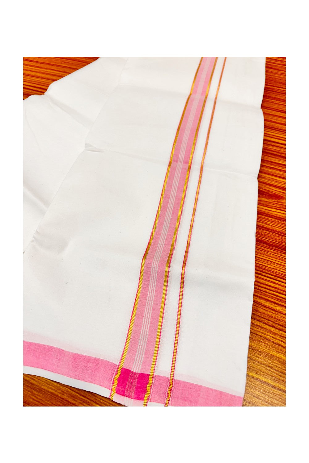 30% OFFER! KaithariKada 100% Cotton Balaramapuram HANDLOOM Single PURE WHITE Mundu/Dhoti - 1.75 inch (2 meter / 4 muzham) Pink Kasavu Kara & Stripes - 4KAI.