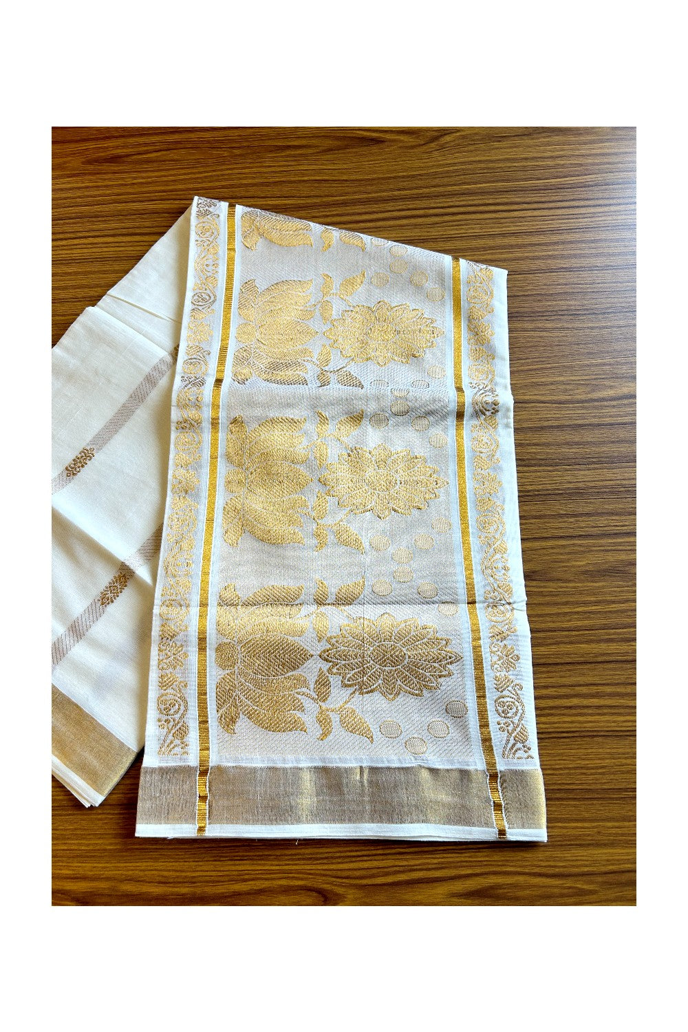 23% Discount!!! Kaitharikada Kerala Cotton Saree Off white - 32 inch Kasav Zari with Flower Pattern Putta Design- 4KK1002JEE