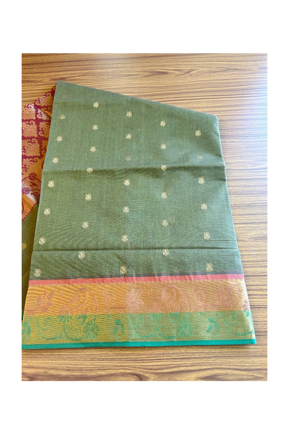 KaithariKada- Balaramapuram Saree - 100% PURE Cotton Silk - Olive Green & Maroon Design -4KK1005PAN.